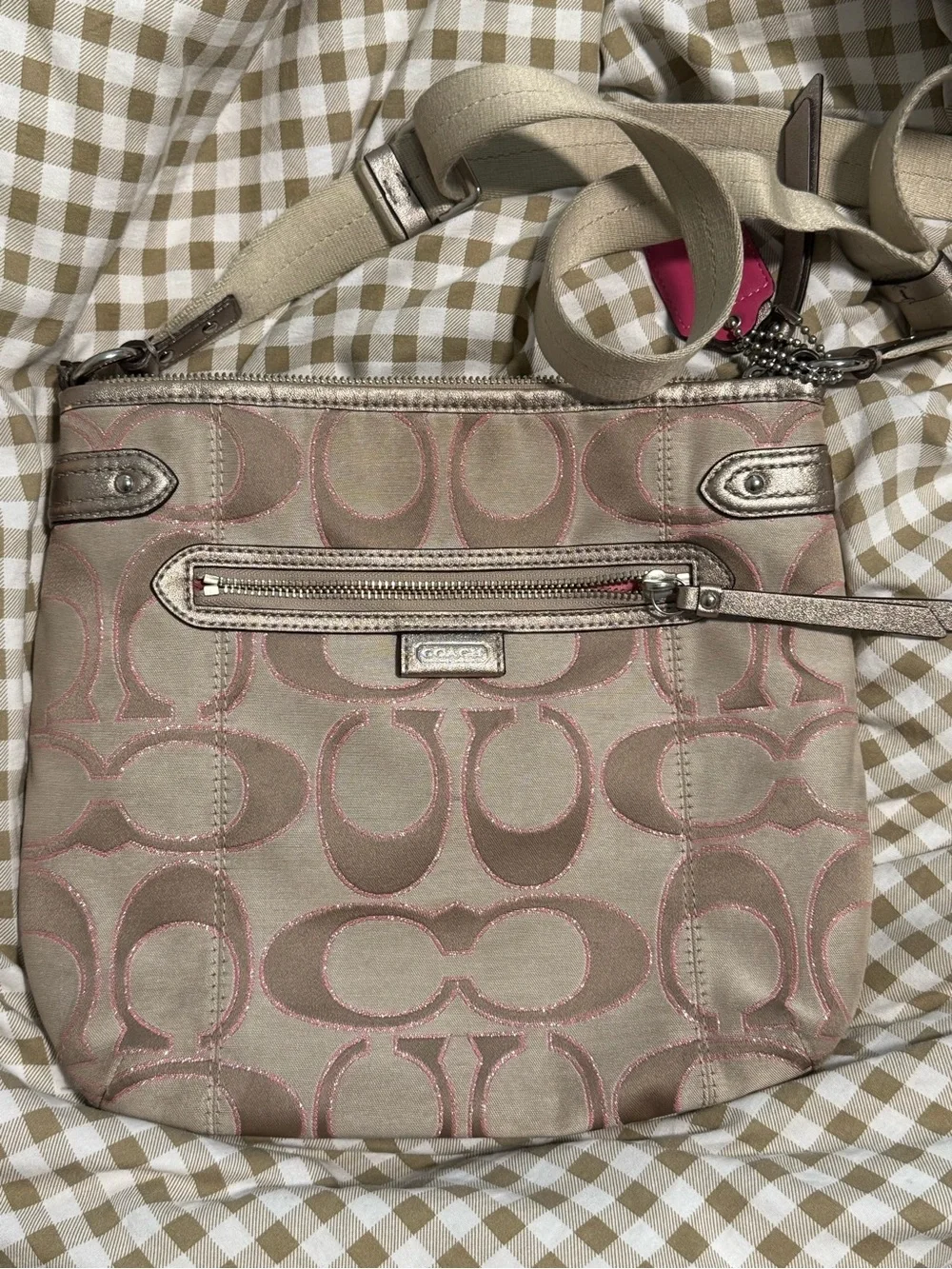 Coach Beige Crossbody with Pink Stitching Detail